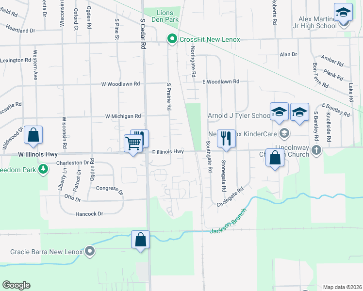 map of restaurants, bars, coffee shops, grocery stores, and more near 209 Illinois Highway in New Lenox