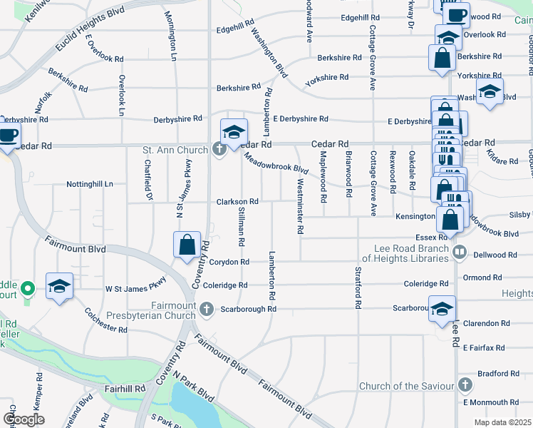 map of restaurants, bars, coffee shops, grocery stores, and more near 2281 Lamberton Road in Cleveland Heights