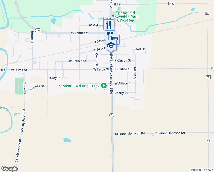map of restaurants, bars, coffee shops, grocery stores, and more near 107 Allison Street in Stryker
