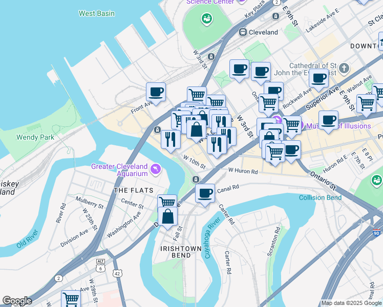 map of restaurants, bars, coffee shops, grocery stores, and more near 955 West Saint Clair Avenue in Cleveland