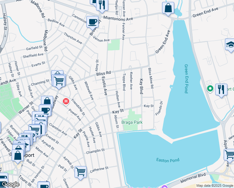 map of restaurants, bars, coffee shops, grocery stores, and more near 33 Holten Avenue in Newport