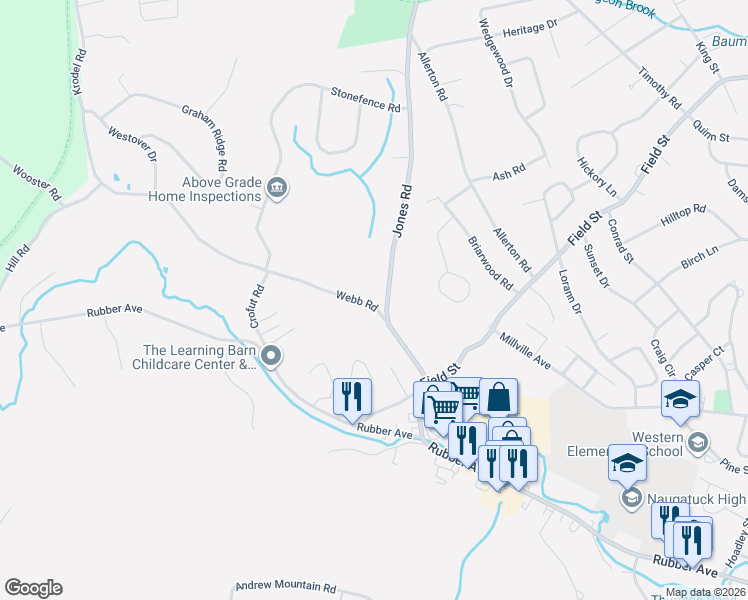 map of restaurants, bars, coffee shops, grocery stores, and more near 6 Webb Road in Naugatuck