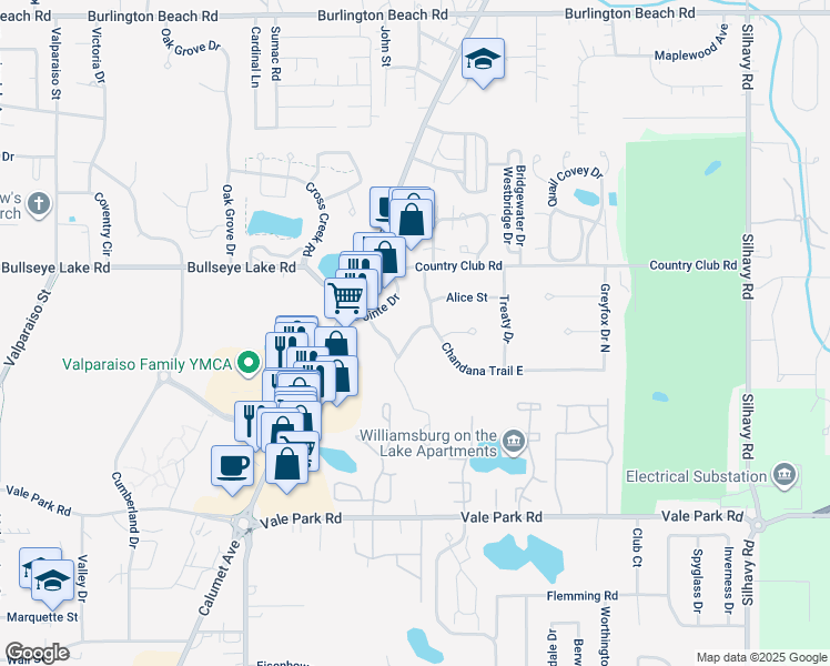 map of restaurants, bars, coffee shops, grocery stores, and more near 1600 Potawatomi Lane in Valparaiso
