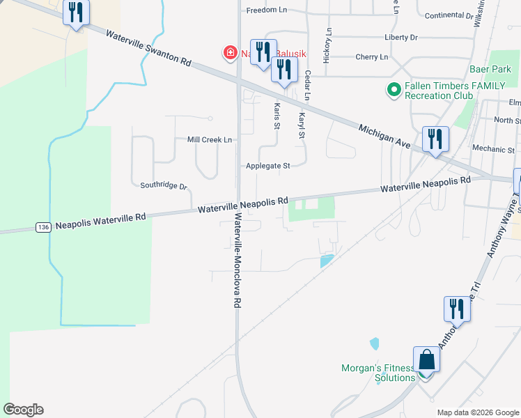 map of restaurants, bars, coffee shops, grocery stores, and more near 1177 Farnsworth Road in Waterville