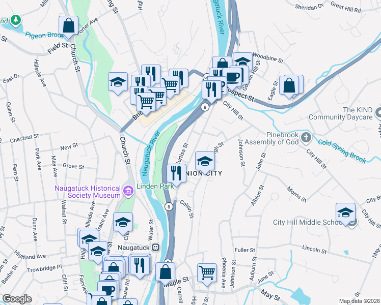 map of restaurants, bars, coffee shops, grocery stores, and more near 240 North Main Street in Naugatuck