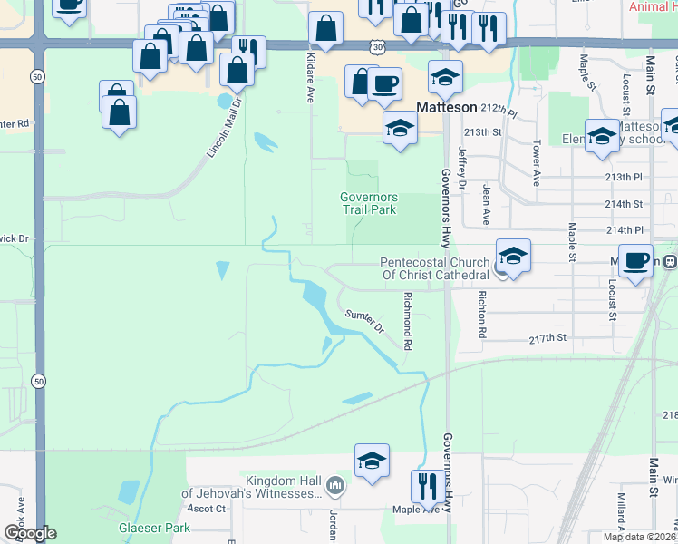 map of restaurants, bars, coffee shops, grocery stores, and more near 4213 216th Street in Matteson