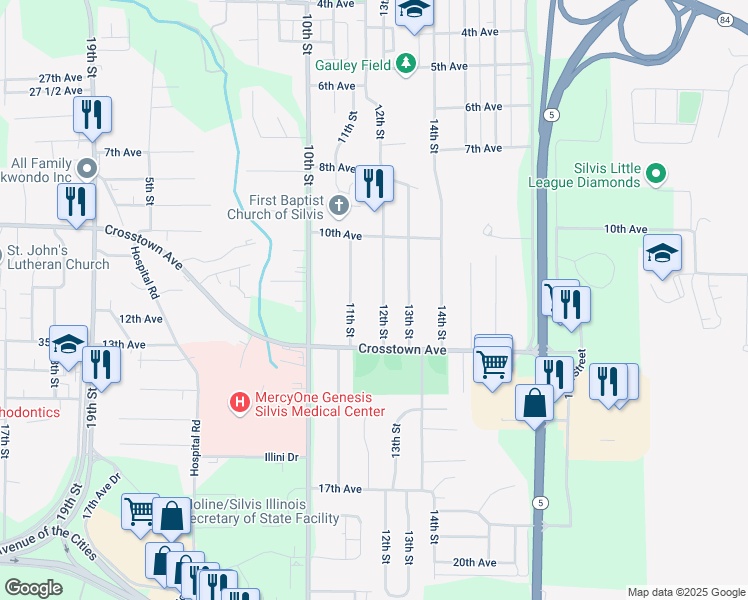 map of restaurants, bars, coffee shops, grocery stores, and more near 1212 12th Street in Silvis