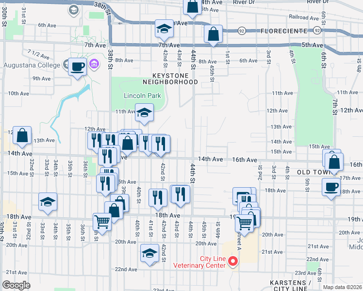 map of restaurants, bars, coffee shops, grocery stores, and more near 4301 14th Avenue in Rock Island