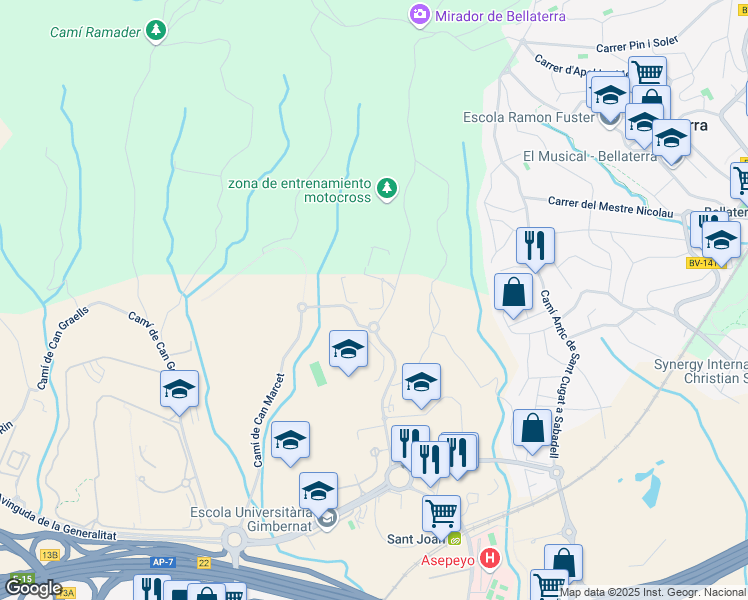 map of restaurants, bars, coffee shops, grocery stores, and more near 19 Camí de Can Camps in Sant Cugat del Vallès