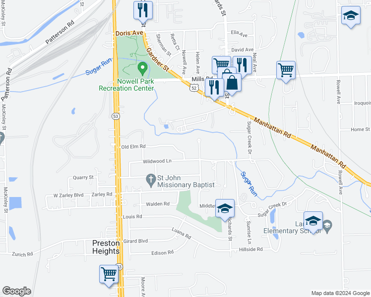 map of restaurants, bars, coffee shops, grocery stores, and more near 211 Old Elm Road in Joliet