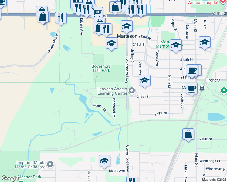 map of restaurants, bars, coffee shops, grocery stores, and more near 4051 Charleston Road in Matteson