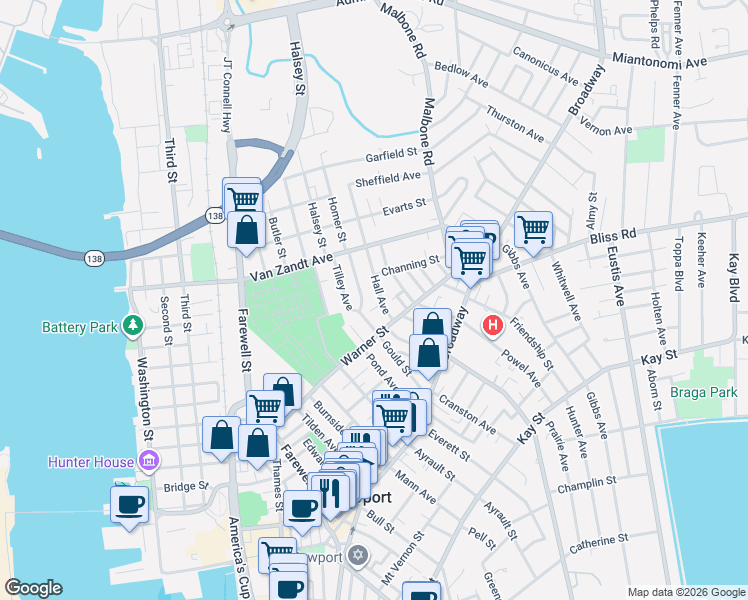 map of restaurants, bars, coffee shops, grocery stores, and more near 53 Gould Street in Newport