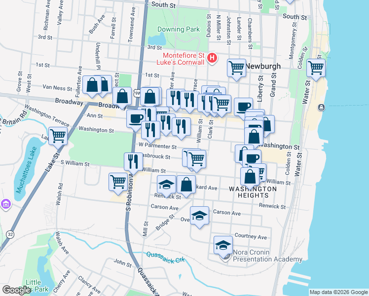 map of restaurants, bars, coffee shops, grocery stores, and more near 30 Hasbrouck Street in Newburgh