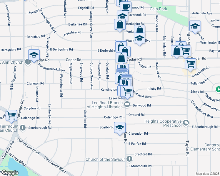 map of restaurants, bars, coffee shops, grocery stores, and more near 3142 Kensington Road in Cleveland Heights