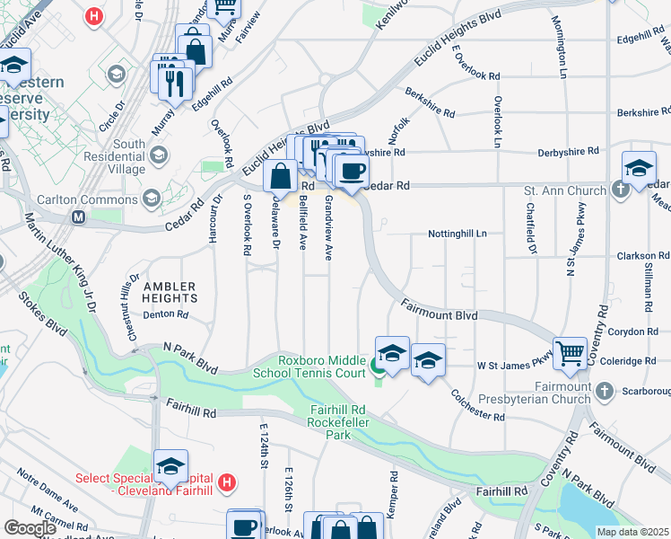 map of restaurants, bars, coffee shops, grocery stores, and more near 2286 Ardleigh Drive in Cleveland Heights