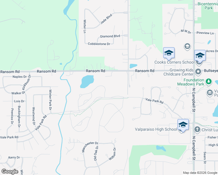 map of restaurants, bars, coffee shops, grocery stores, and more near 1455 Ransom Road in Valparaiso