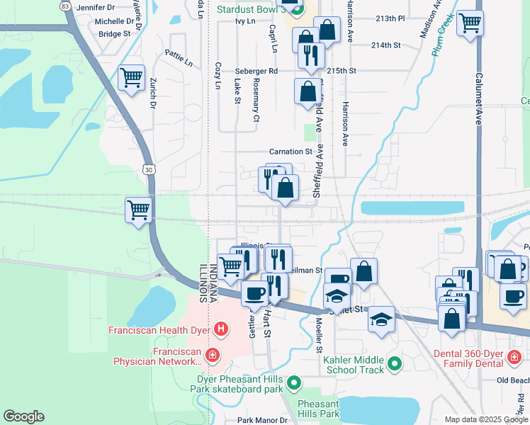 map of restaurants, bars, coffee shops, grocery stores, and more near 1832 Hart St in Dyer