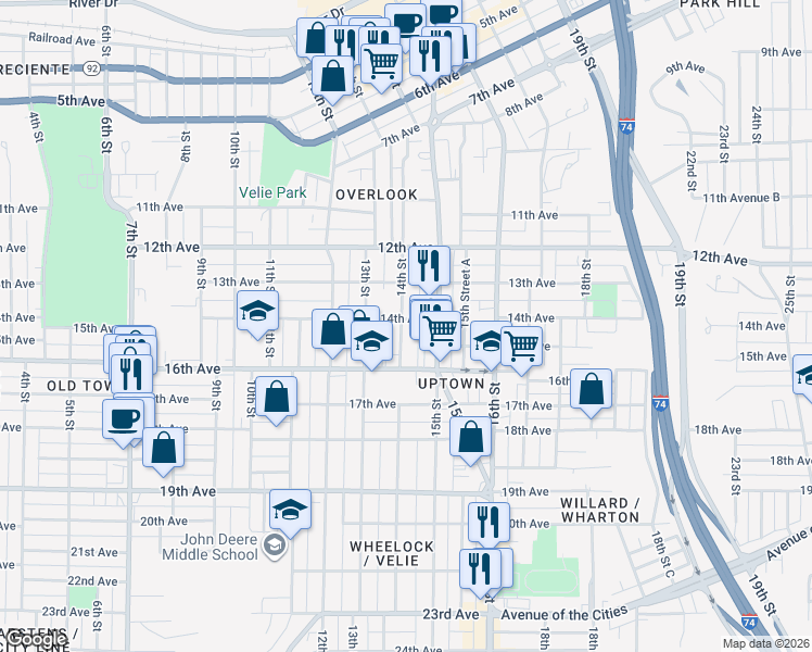 map of restaurants, bars, coffee shops, grocery stores, and more near 1425 14th Street in Moline