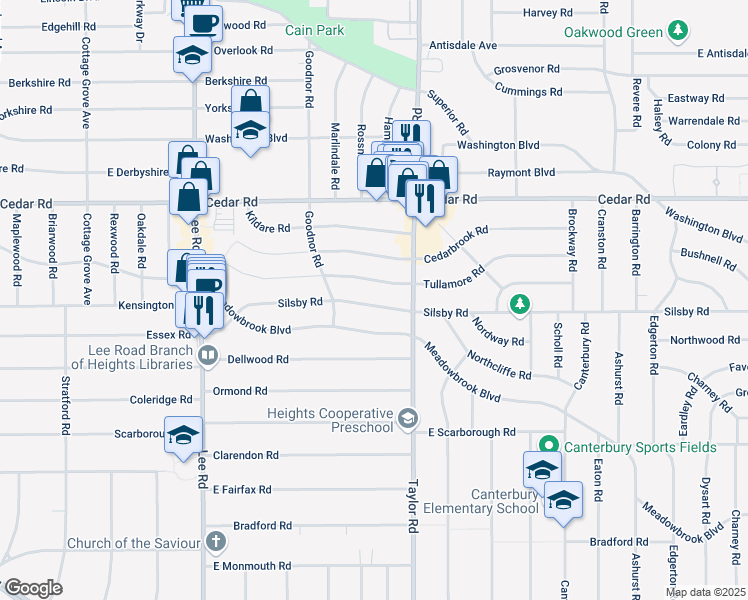 map of restaurants, bars, coffee shops, grocery stores, and more near 3397 Silsby Road in Cleveland Heights