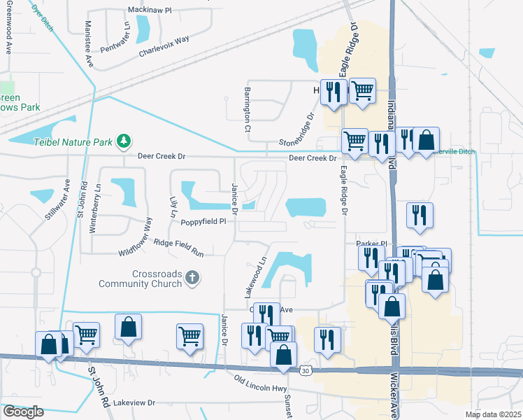 map of restaurants, bars, coffee shops, grocery stores, and more near 1242 Primrose Lane in Schererville
