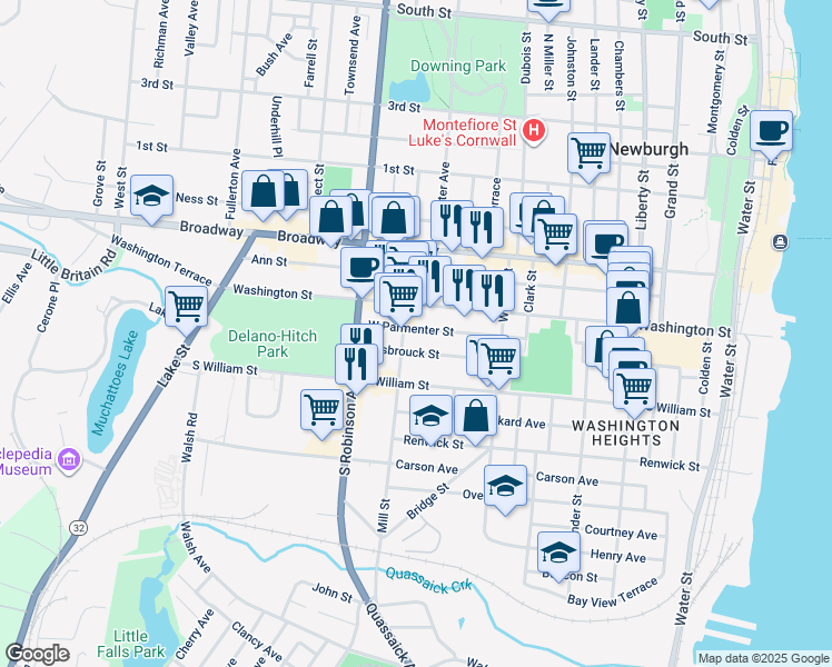 map of restaurants, bars, coffee shops, grocery stores, and more near 61 Hasbrouck Street in Newburgh