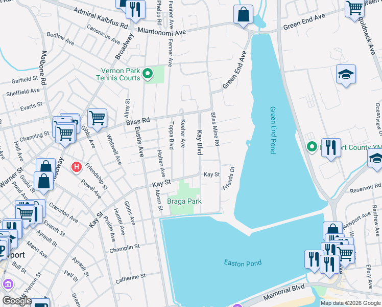 map of restaurants, bars, coffee shops, grocery stores, and more near 59 Kay Boulevard in Newport