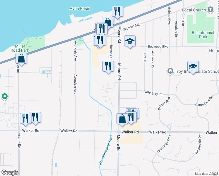 map of restaurants, bars, coffee shops, grocery stores, and more near 216 Moore Road in Avon Lake