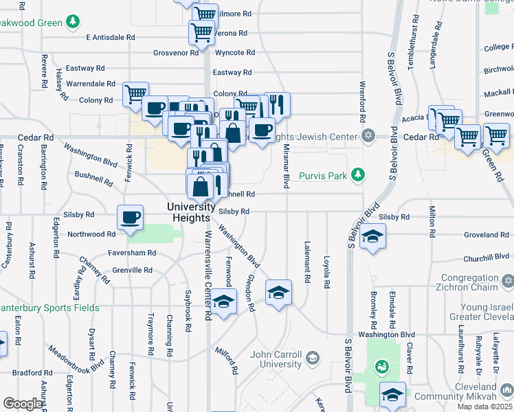 map of restaurants, bars, coffee shops, grocery stores, and more near 4098 Silsby Road in University Heights