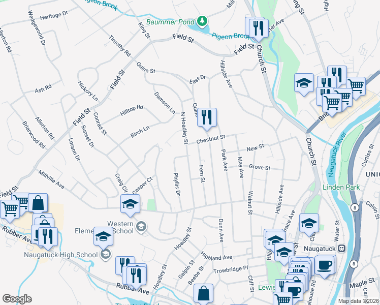 map of restaurants, bars, coffee shops, grocery stores, and more near 103 North Hoadley Street in Naugatuck