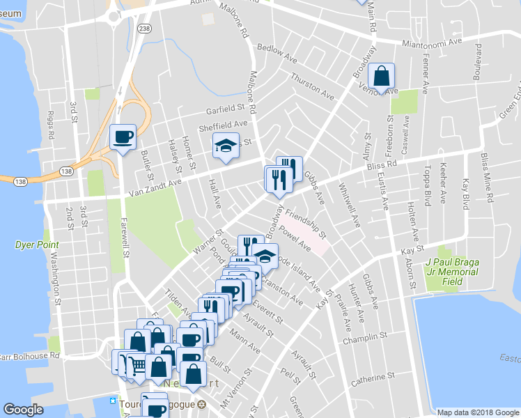 map of restaurants, bars, coffee shops, grocery stores, and more near 11 Newport Avenue in Newport