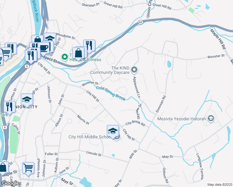 map of restaurants, bars, coffee shops, grocery stores, and more near 51 Brook Street in Naugatuck