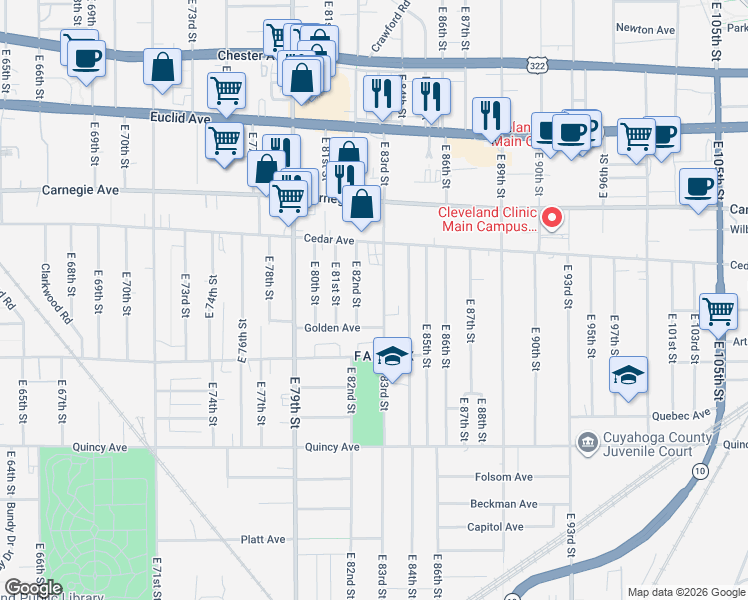 map of restaurants, bars, coffee shops, grocery stores, and more near 2250 East 83rd Street in Cleveland
