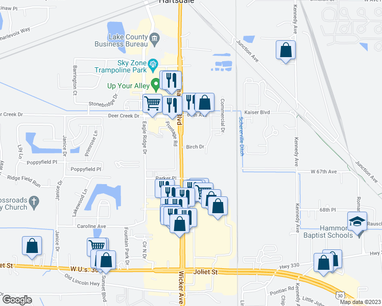 map of restaurants, bars, coffee shops, grocery stores, and more near 1301 Indianapolis Boulevard in Schererville