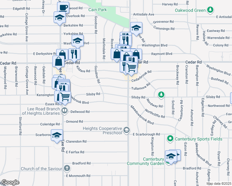 map of restaurants, bars, coffee shops, grocery stores, and more near 3397 Silsby Road in Cleveland Heights