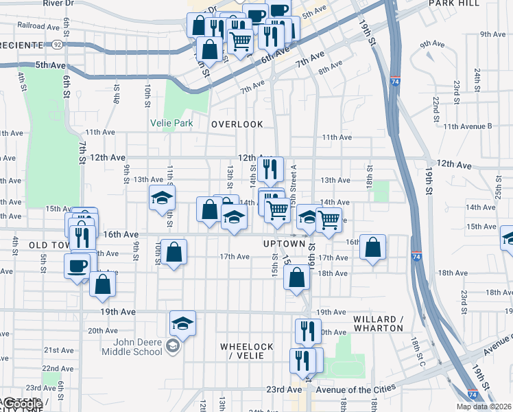 map of restaurants, bars, coffee shops, grocery stores, and more near 1425 14th Street in Moline