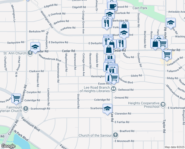 map of restaurants, bars, coffee shops, grocery stores, and more near 2257 Rexwood Road in Cleveland