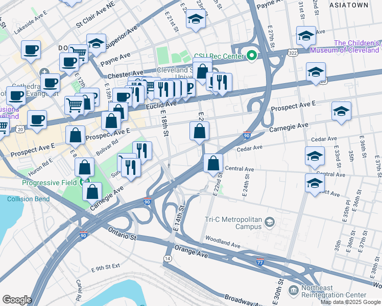 map of restaurants, bars, coffee shops, grocery stores, and more near 7A7A Freeway Circle in Cleveland