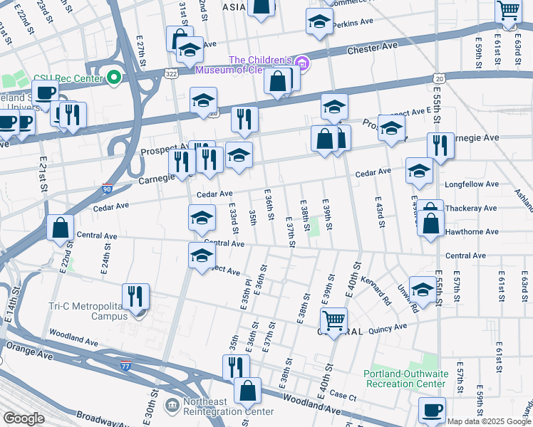 map of restaurants, bars, coffee shops, grocery stores, and more near 2211 East 36th Street in Cleveland