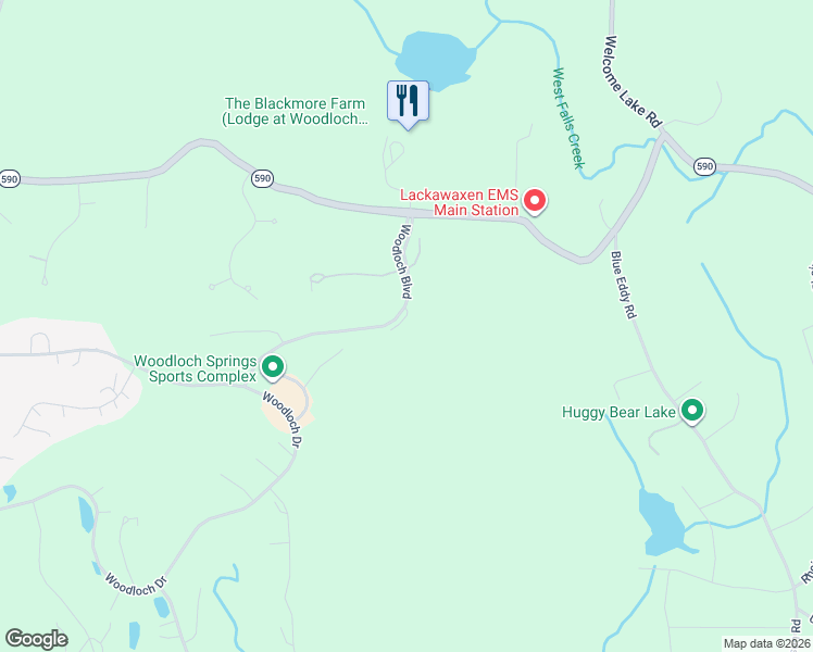 map of restaurants, bars, coffee shops, grocery stores, and more near 433-559 Woodloch Drive in Hawley