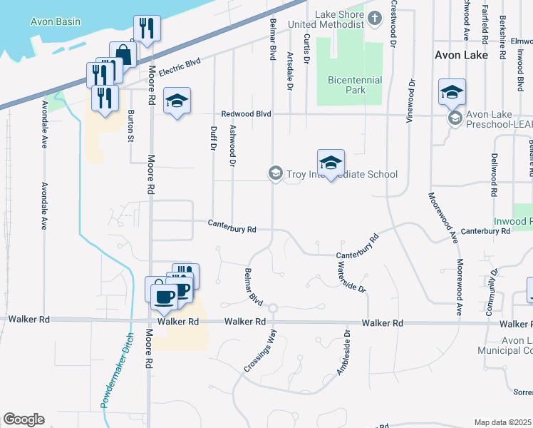 map of restaurants, bars, coffee shops, grocery stores, and more near 33223 Canterbury Road in Avon Lake