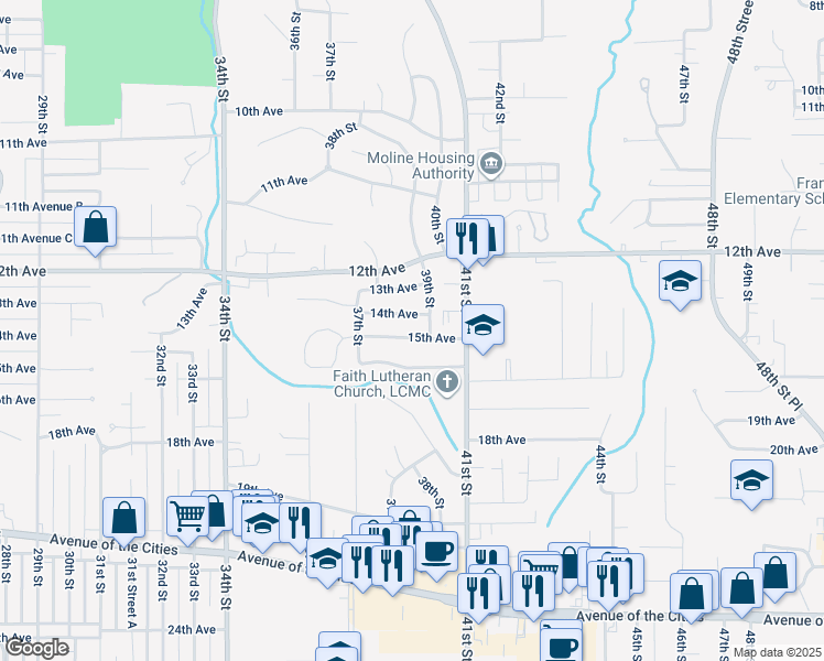 map of restaurants, bars, coffee shops, grocery stores, and more near 3719 15th Avenue in Moline