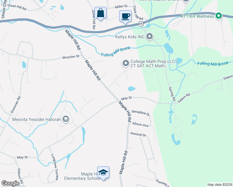 map of restaurants, bars, coffee shops, grocery stores, and more near 354 Maple Hill Road in Naugatuck