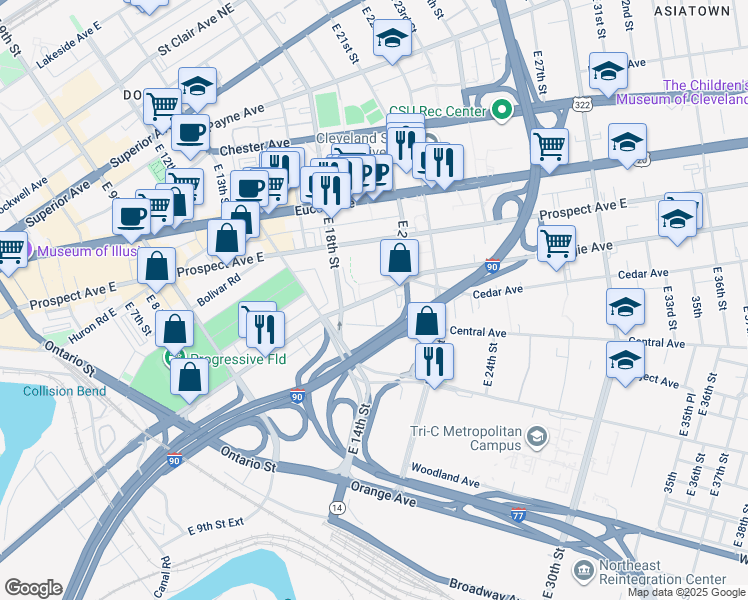 map of restaurants, bars, coffee shops, grocery stores, and more near 2191 East 19th Street in Cleveland