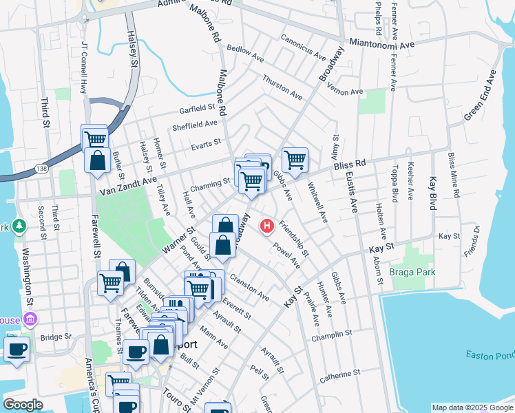 map of restaurants, bars, coffee shops, grocery stores, and more near 20 Powel Avenue in Newport