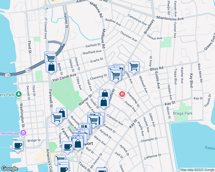 map of restaurants, bars, coffee shops, grocery stores, and more near 6 Newport Avenue in Newport