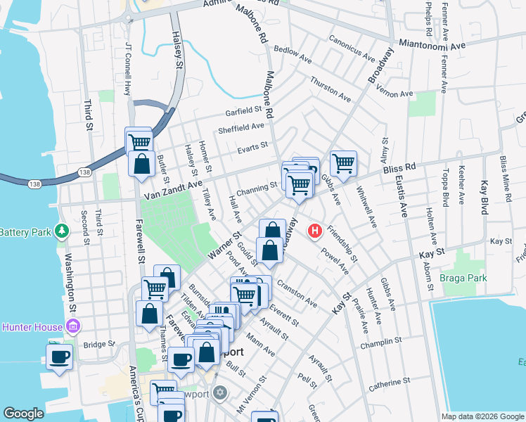 map of restaurants, bars, coffee shops, grocery stores, and more near 22 Bayview Avenue in Newport