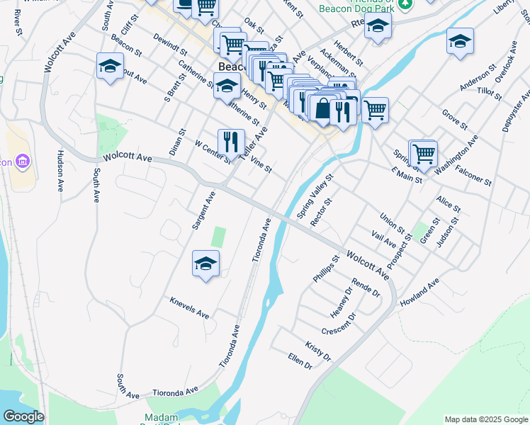 map of restaurants, bars, coffee shops, grocery stores, and more near 465 Wolcott Avenue in Beacon