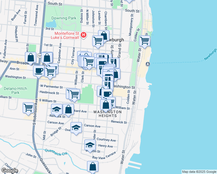 map of restaurants, bars, coffee shops, grocery stores, and more near 13 East Parmenter Street in Newburgh