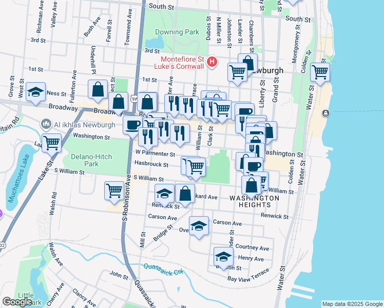map of restaurants, bars, coffee shops, grocery stores, and more near 65 William Street in Newburgh