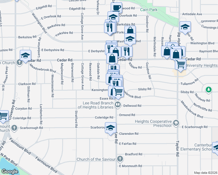 map of restaurants, bars, coffee shops, grocery stores, and more near 2290 Lee Road in Cleveland Heights